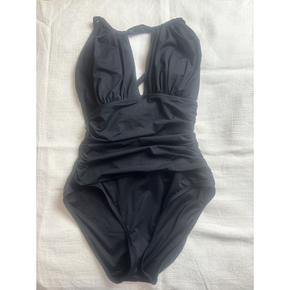 La Blanca‎ Size 10 Island Goddess One Piece Swimsuit Black Plunge Front Tie Back